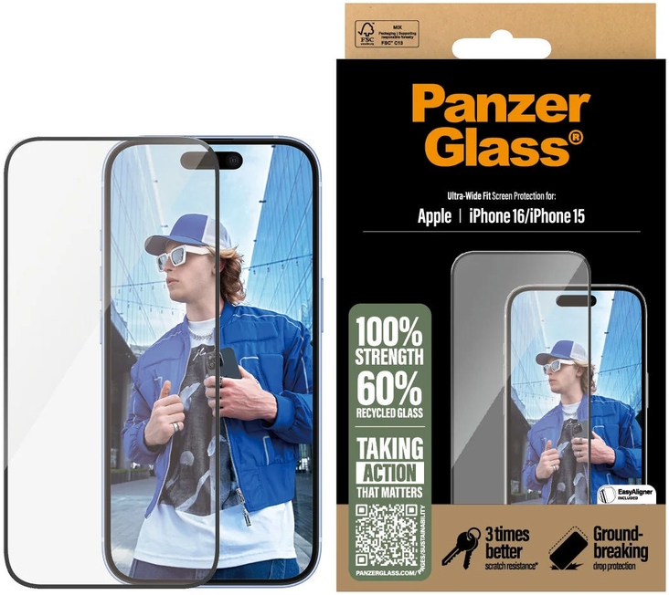 PanzerGlass Ultra-Wide iPhone 16/15 Glass Screen Protector